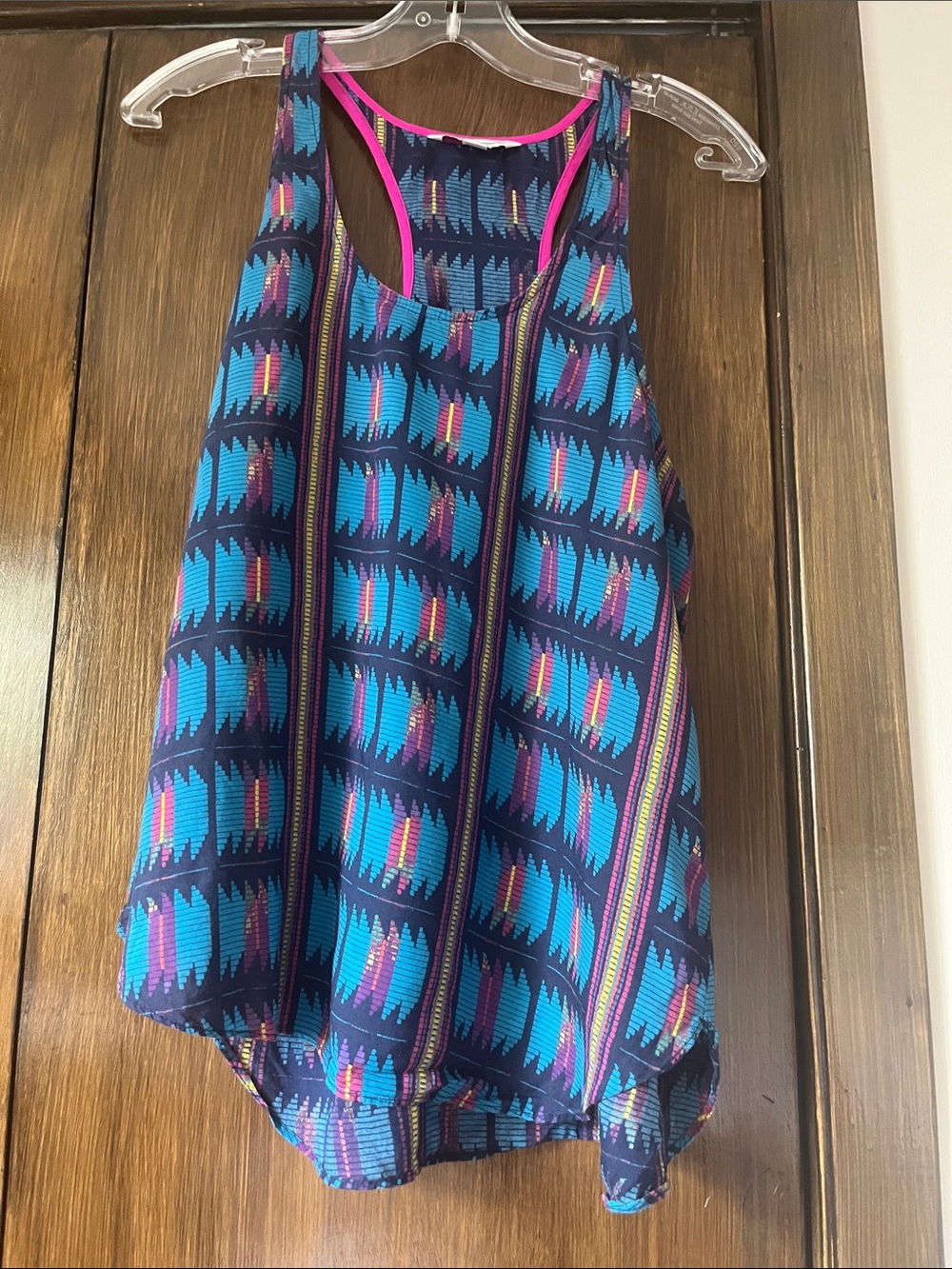 American Eagle Outfitters Blue Tank with Yellow, Pink & Purple Pattern